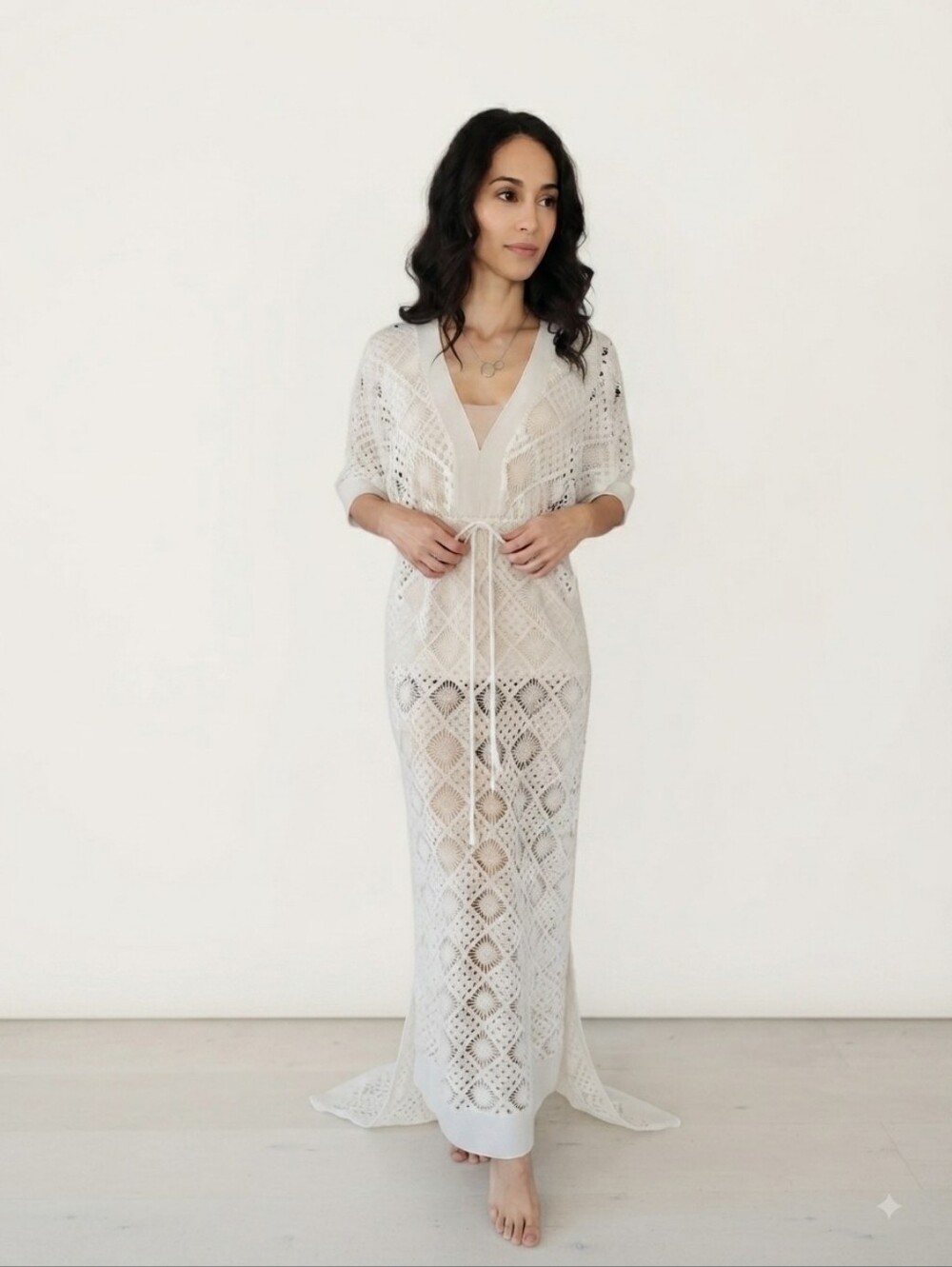 Women’s Ivory Crochet Swim Cover-Up Maxi with Tie Waist